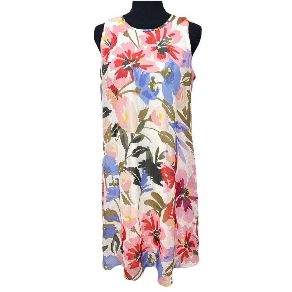 Calvin Klein Floral Sleeveless Shift Dress Pink Blue Pleated Swing M/L